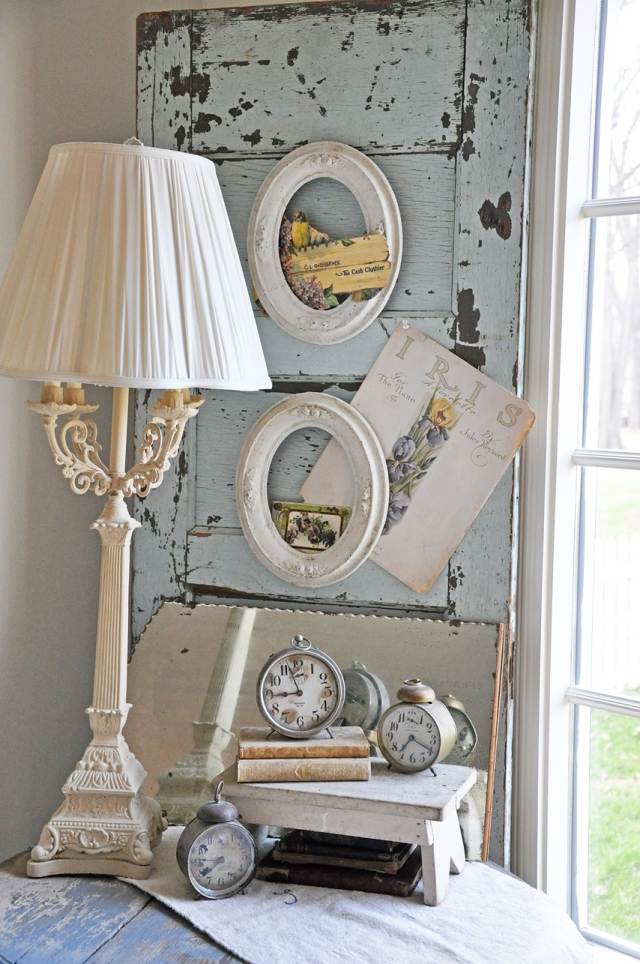 ošarpaná elegantná dekorácia na stenu staré okenice oválne rámy na obrazy hodiny shabby-chic-wall-decoration-old-shutter-oval-picture-frame-clock