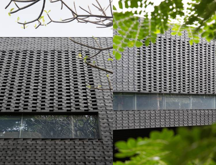 Odkrytá betónová drevená fasáda malé úzke okná