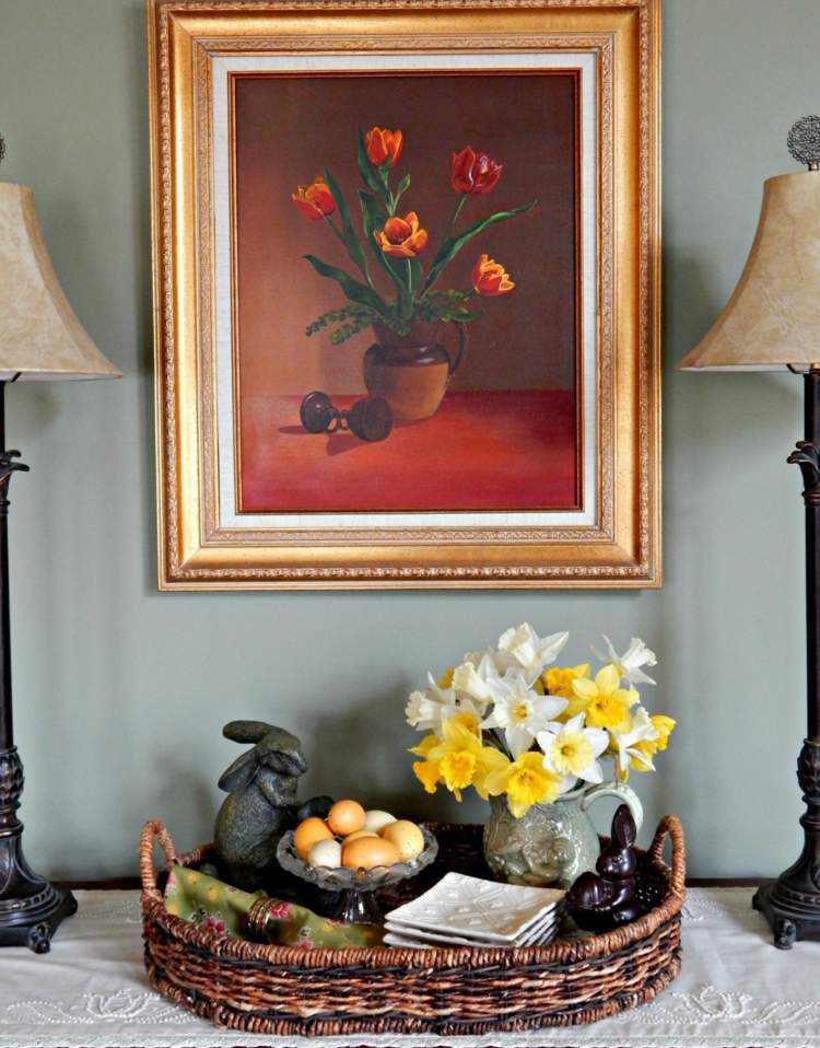 ozdobte príborník nápad veľkonočný zajačik vajíčka narcisu