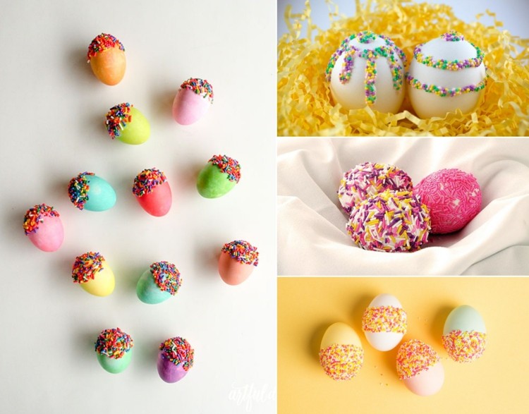 Navrhnite veľkonočné vajíčka v materskej škole posypaním a lepidlom alebo polevou