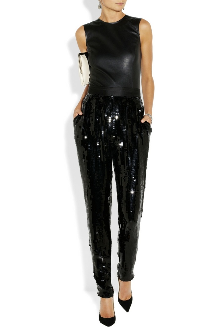 Outfit s nohavicami a blúzkou v koženom vzhľade laurenmessiah-com-nohavice-vyrobene-z-trblietky-textil-kozena-bluzka