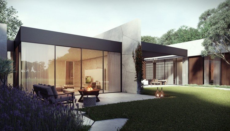 krb-záhrada-sedenie-trávnik-betón-dlažba-okenná stena-dom-moderná-architektúra-levanduľa