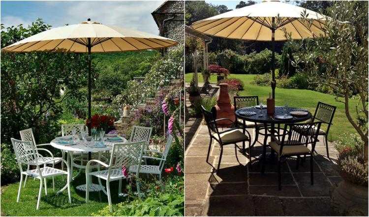 sedadlá-záhrada-okrúhly-jedálenský stôl-kov-slnečník-integrovaný