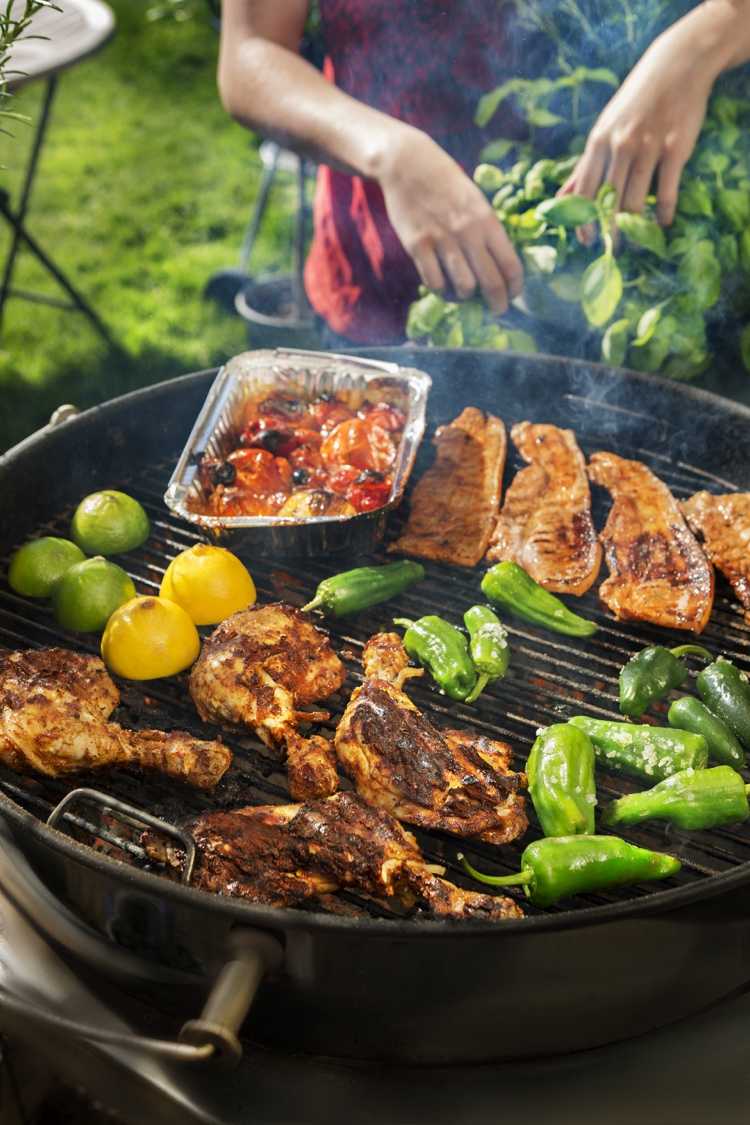 Škandinávske grilované kuracie filety a kuracie paličky s papirkou a grilovanou zeleninou