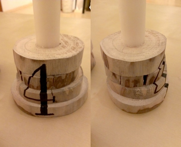 Svietniky vyrobené z drevených kotúčov s číslami Skandinávske vianočné dekorácie-urob si sám-nápady na drevo-svietniky-drevené-disky-očíslované