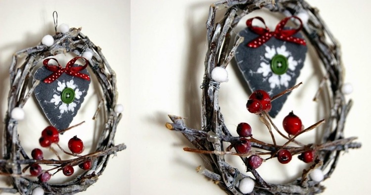 Veniec vyrobený z konárov a ozdobený šípkami Skandinávske vianočné dekorácie-urob si sám-nápady na drevo-veniec-ružové-konáre