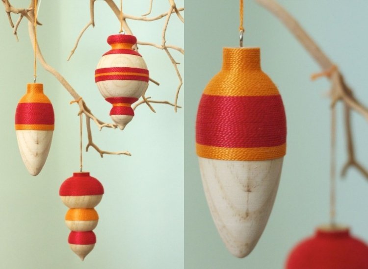 Vianočné ozdoby na zavesenie vyrobené z dreva ozdobené farebnou niťou Skandinávske vianočné dekorácie-urob si sám-nápady na drevo-vianočné dekorácie-nit-červeno-valcované