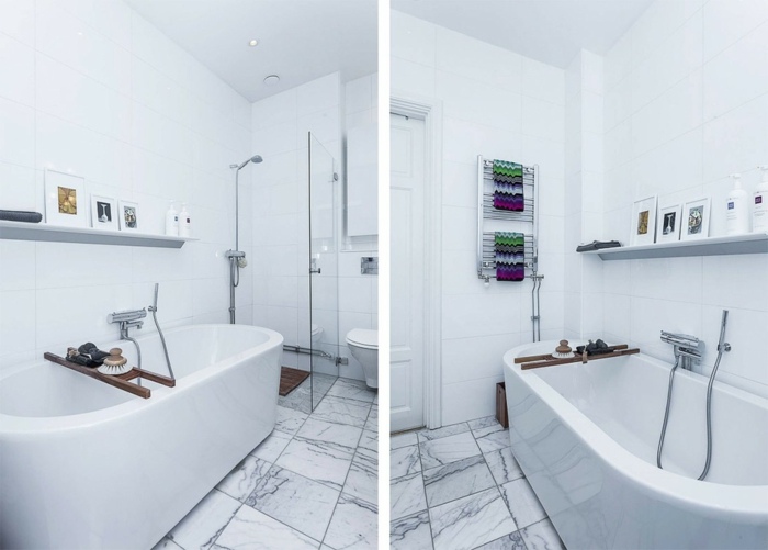 V kúpeľni apartmánu je vaňa a sprchovací kút vaňa sprcha sprcha obklady mramor škandinávsky