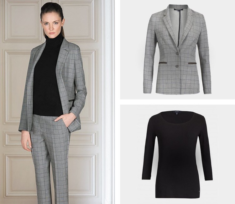 Smart Business dresscode-dámsky oblek-sivá-bunda-károvaná