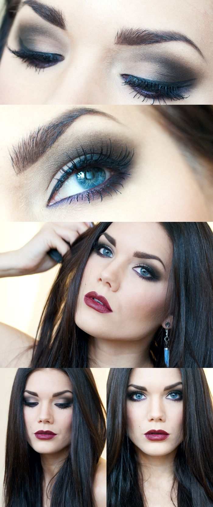 Smokey Eyes pre modré oči večer-makeup-hnedé-očné tiene-bobule-červené-pery