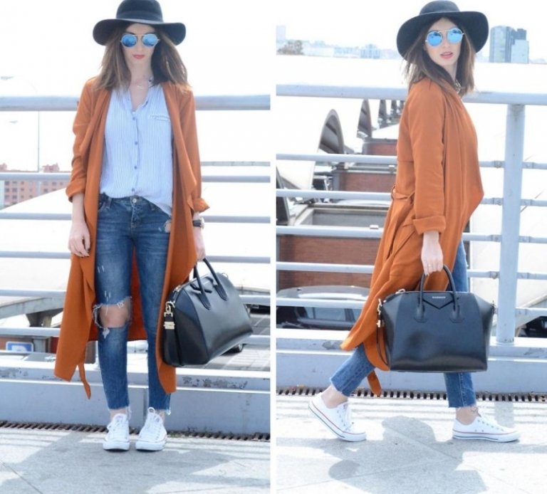 Biele tenisky Converse spolu s džínsami a fedorou Tenisky-trend-biela-fedora-klobúk-priateľ-rifle-konverzné-tenisky