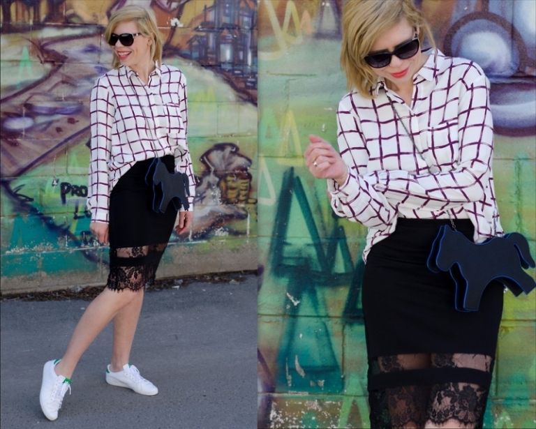 Tenisky Adidas s čiernou sukňou a károvanou košeľou Tenisky-Tren-Outfit-Sukňa-Kostkovaná-košeľa-adidas