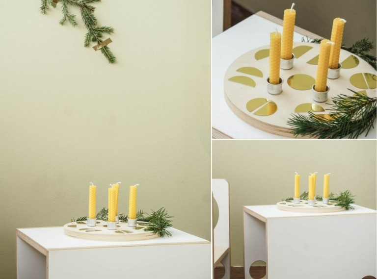Navrhnite si vlastné minimalistické adventné vence s okrúhlou drevenou doskou a stolovými sviečkami