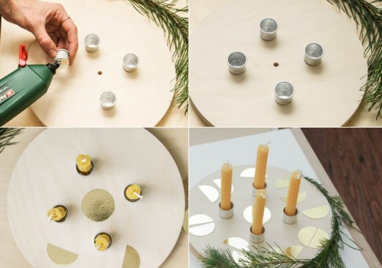 Prilepte držiaky na sviečky na drevený kotúč a ozdobte jedľovou zeleňou