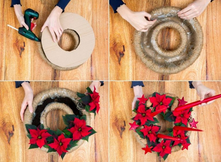 Jednoduchý ručný návod na adventný veniec v červenej farbe so stolovými sviečkami