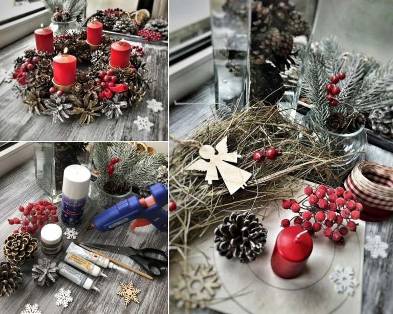 Vyrobte si vlastné adventné vence z borovicových šišiek - jednoduchý nápad so senom a horúcim lepidlom