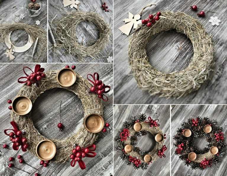 Domáci adventný veniec zo sena a s tanierom na sviečky