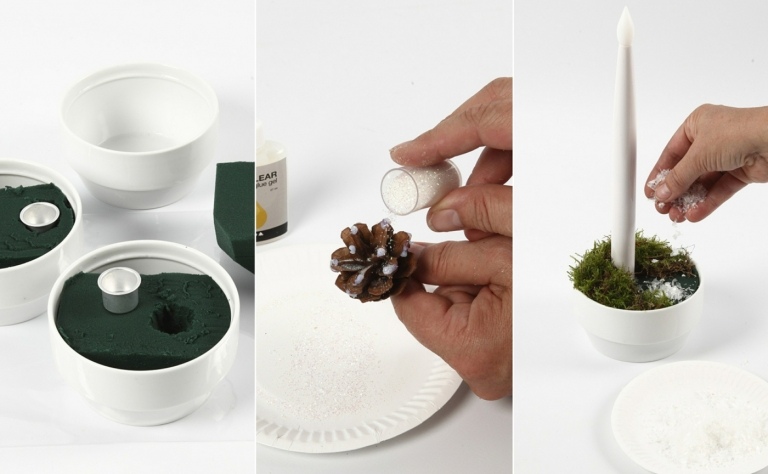 Kvetinová pena, mach a šišky v miske na adventnú dekoráciu