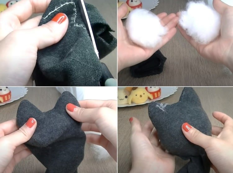 Vystrihnite mačke hlavu z ponožky a vypchajte ju vatou
