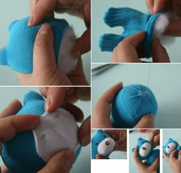 Naplňte hlavu medveďa vatou, prišite ju na telo a vytvorte tvár