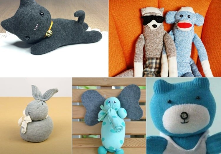 Vyrobte si ponožkové zvieratá sami s ušitím aj bez šitia - mačky, opice, králiky, slony a medvede