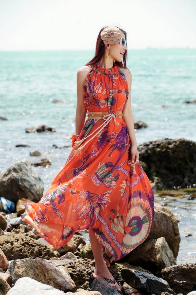 Elegantné a jasné šaty na horúce dni more-žena-havaj-šaty-oranžové-kamene