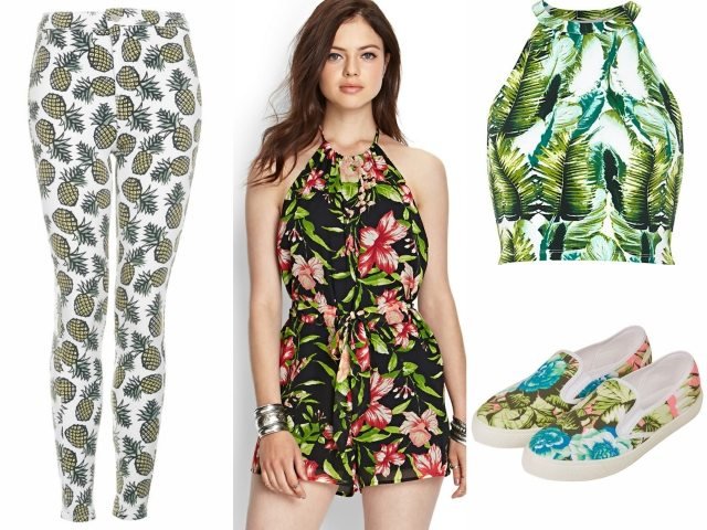 Odevná súprava s tropickými motívmi s topánkami Sada tropického oblečenia-dievčatá-jeggins-koláž