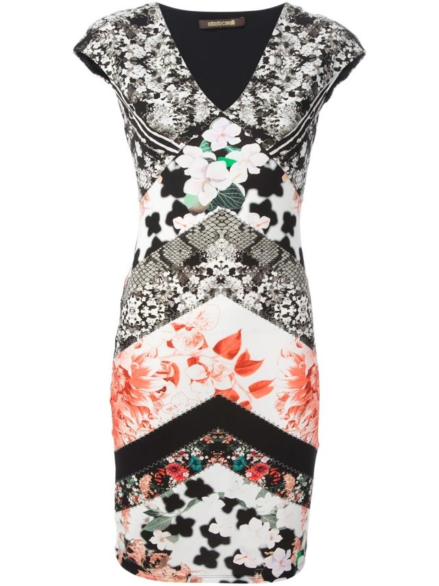 Dámske košeľové šaty, výstrih do V-ROBERTO CAVALLI-kvetinové motívy a grafické vzory Tričkové šaty-delený-výstrih do V-ROBERTO-CAVALLI-kvetinový-grafický vzor