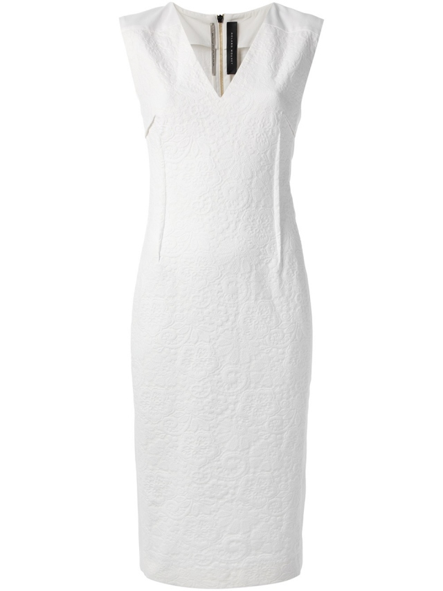 Biele blúzkové šaty-zips na výstrihu do V na zadnej strane 2014-Trends-Roland Mouret Biela blúzka-šaty-V-krk-2014-trendy-Roland-Mouret