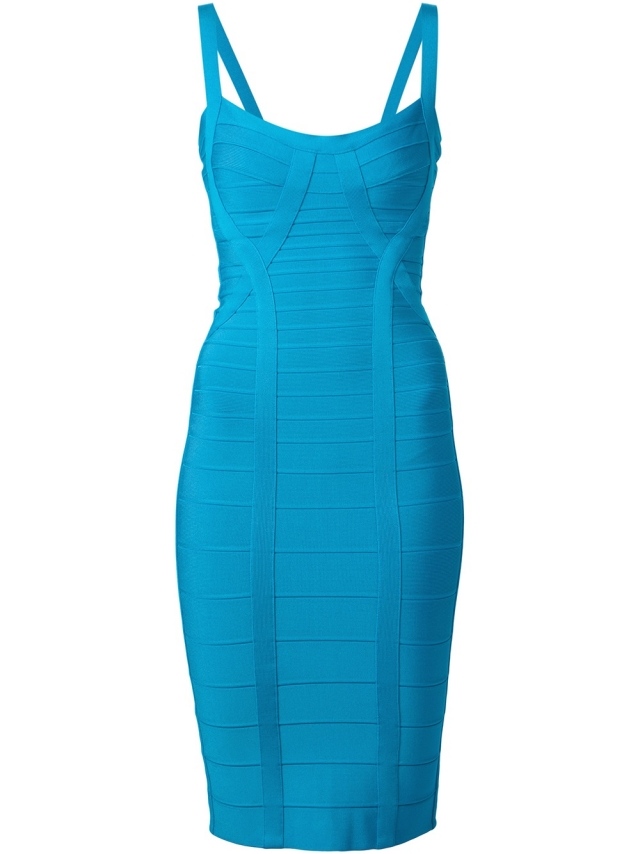 Šaty bez rukávov-trendy letná farebná kobaltovo modrá figúrka-objímajúca modelka-HERVÉ LÉGER postava-objímanie-popruh-šaty-bez chrbta-HERVÉ-LÉGER-letná farba