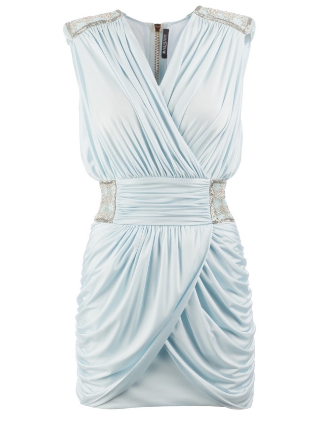 Mini skladané šaty v gréckom štýle-Balmain leto-2014 Zavinovacie šaty-mini-riasenie-grécky štýl-Balmain-leto-2014