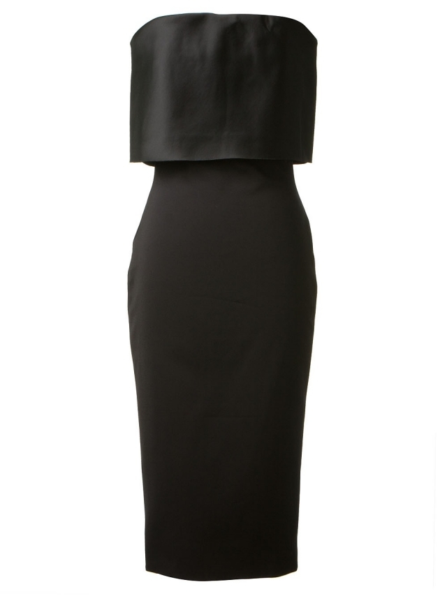 priliehavé letné šaty bez ramienok od Victorie Beckham-žena sa rozdelila večerné šaty-s dĺžkou po kolená-čierna-postava-objímanie-bez ramienok-victoria-beckhamová