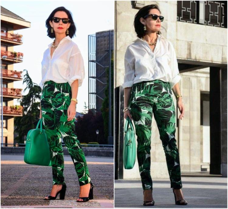 Letný outfit zo 40 bielych ľanových tričiek a vzorovaných nohavíc tropického vzhľadu