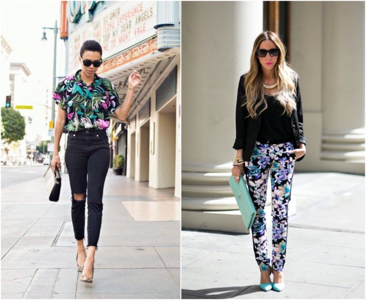 Letný outfit večer tropické vzory kombinované s čiernou