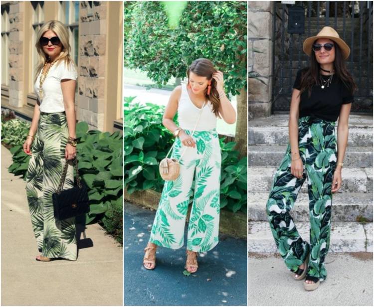 Letný outfit silné nohavice vzorované nohavice Pallazzo s hladkým topom