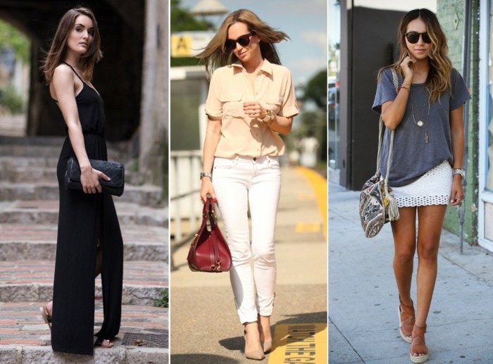 Tri nápady na outfit na leto nápady letný outfit čierne šaty nohavice biela sukňa blúzka