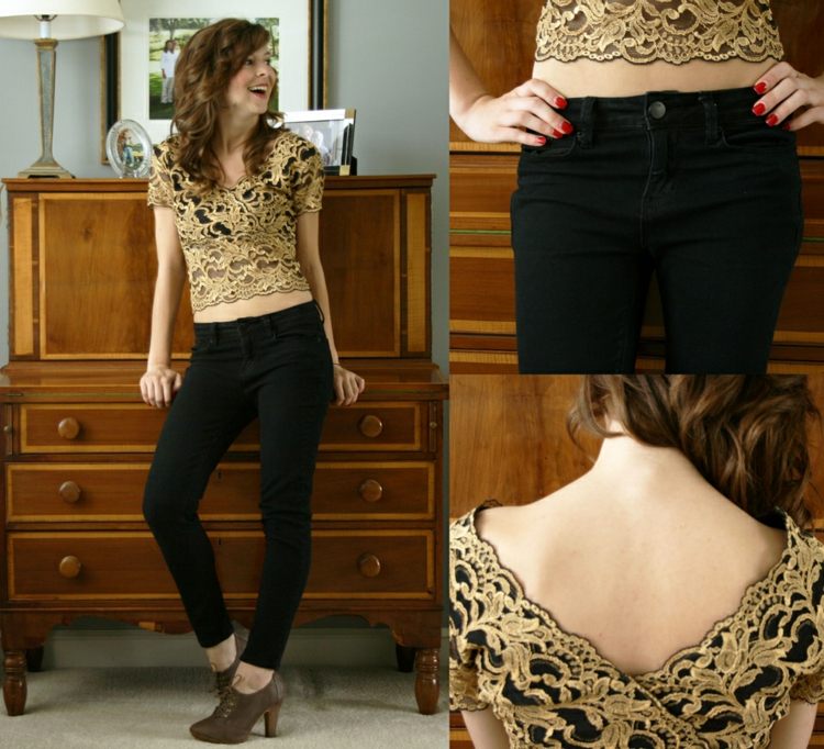 K letnému outfitu môžete zvoliť tip v zlatej farbe nápady na letné oblečenie čipka zlaté čierne hrnce rukávy čierne nohavice