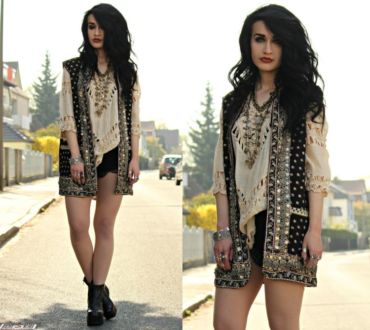 Vesta s kamienkami je pri tomto outfite skutočným pútačom pozornosti outfit nápad top boho vzor vlasy vlny letný look