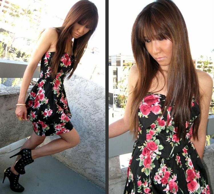 Čierne letné šaty s motívmi ruží outfit ženské šaty čierne kvety ružové vysoké podpätky