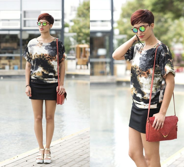 V lete je možné každý outfit skombinovať s modernými slnečnými okuliarmi outfit blúzka minisukňa čierna kabelka červené slnečné okuliare