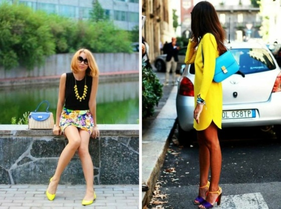 Citrónová žltá so žltými topánkami a tyrkysovými akcentmi žltý vzhľad s kvetmi a modrým šperkom