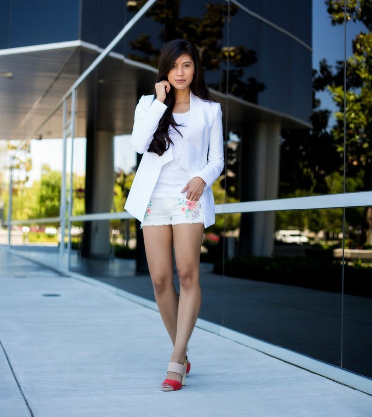 Biela bunda do práce, kombinovaná s krátkymi nohavicami s kvetinovými motívmi letné outfity v biele sako šortky kvetinové motívy ženy