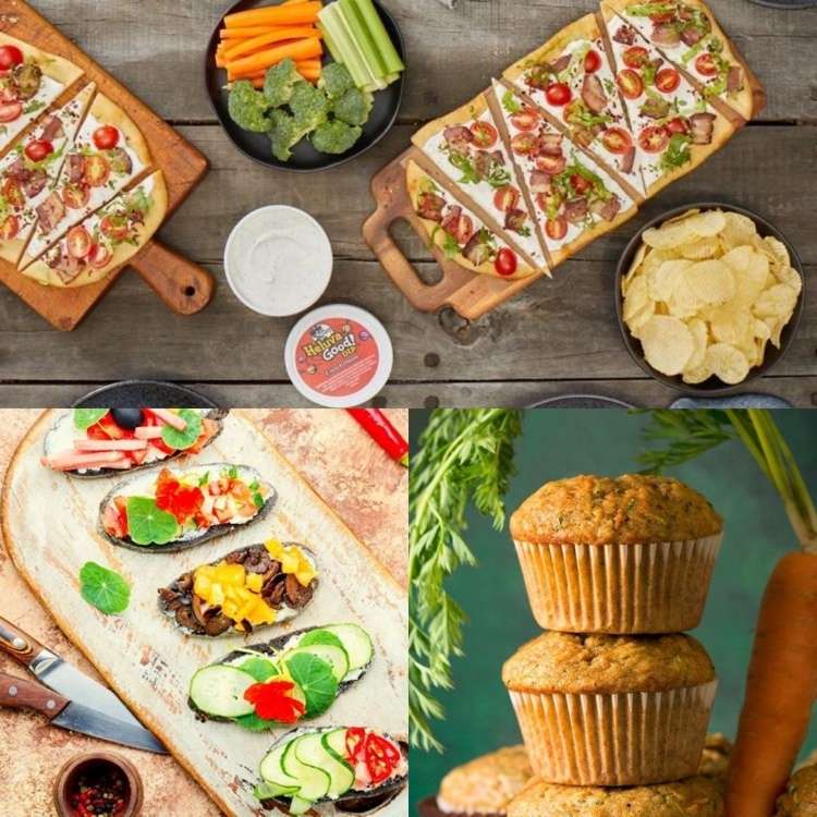 Výdatné muffiny z jedla na prstoch a občerstvenie na pizzu a bruschetta so sezónnymi polevami