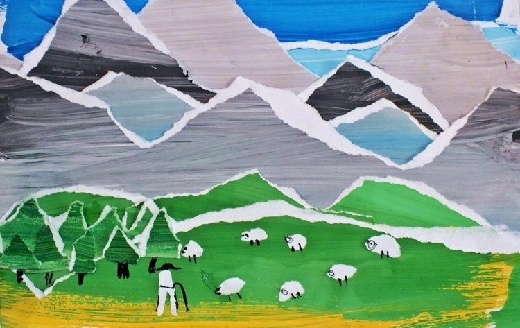 Nápad na koláž s horami vyrobenú z kúskov papiera