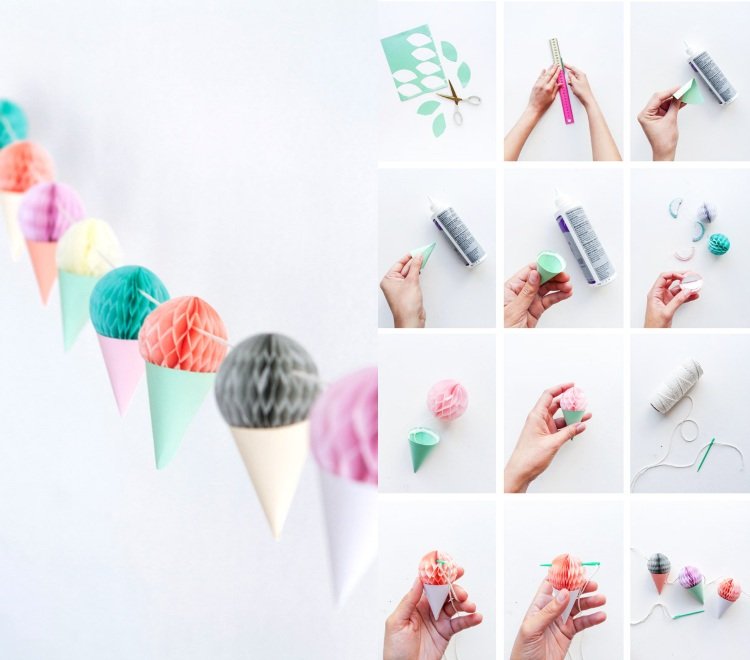 Letné dekorácie s deťmi v škôlke vyrábajú veniec zo zmrzlinových kornútkov k narodeninovému stolu