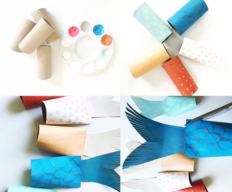 Letné dekorácie s deťmi vyrábajú ryby z roliek toaletného papiera