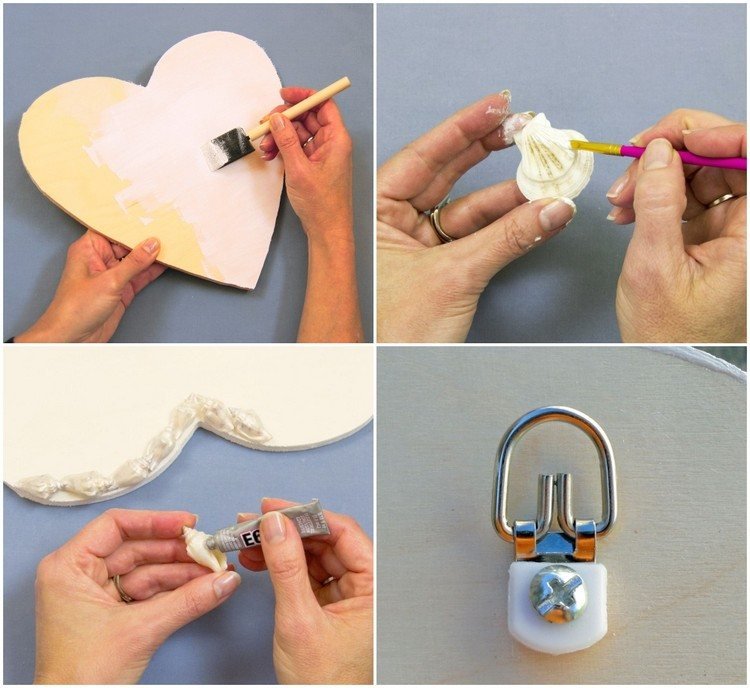 Pokyny vymaľovať drevené srdce mušľami zdobia vešiak