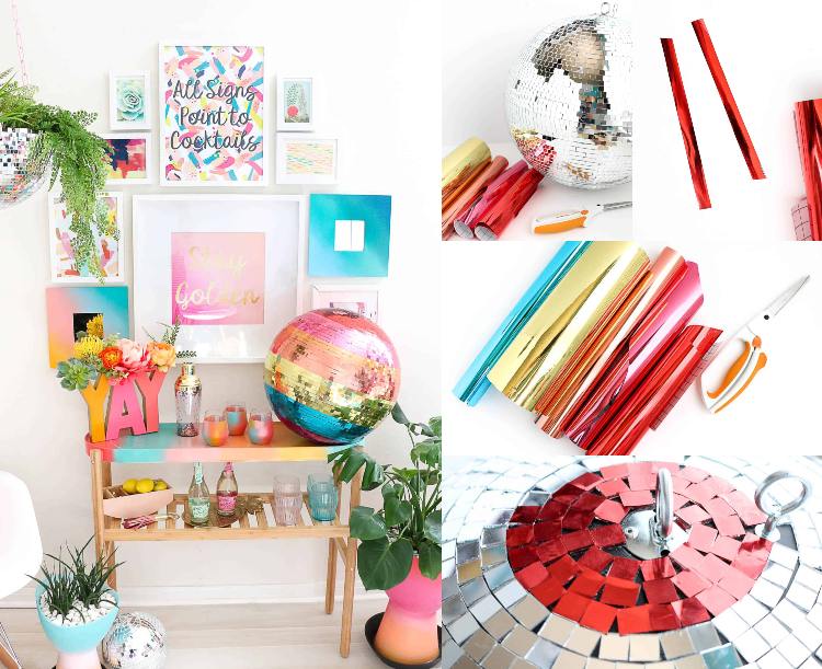 Drobná letná dekorácia vo vnútri nápady disco guľa v dúhových farbách