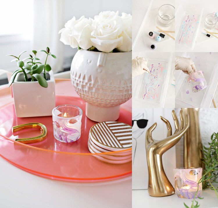 Naaranžujte letné dekorácie dovnútra na podnos Mramorové lampáše s akrylovými farbami