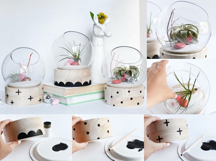 Letná dekorácia v miske v ružovej farbe s prírodnými materiálmi a figúrkami plameniakov v ružovej farbe